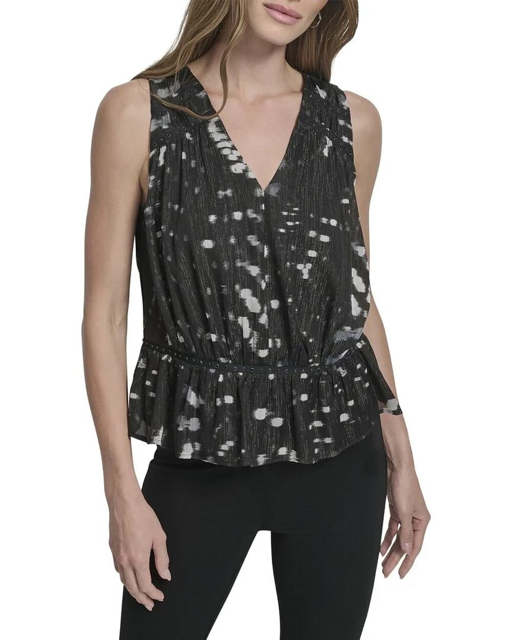 DKNY Women's V-neck Peplum Top Black Size L 4113